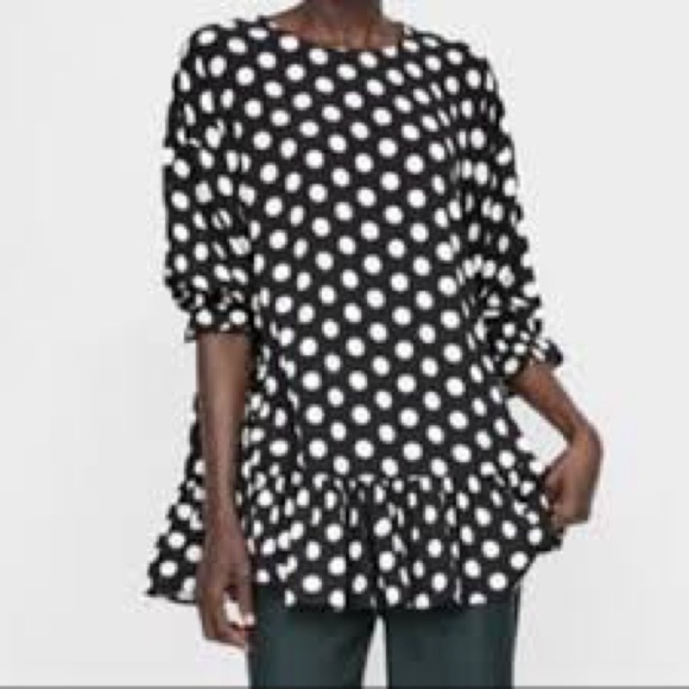 ZARA Polka Dot Ruffle Hem Tunic Top Black and White S Oversized